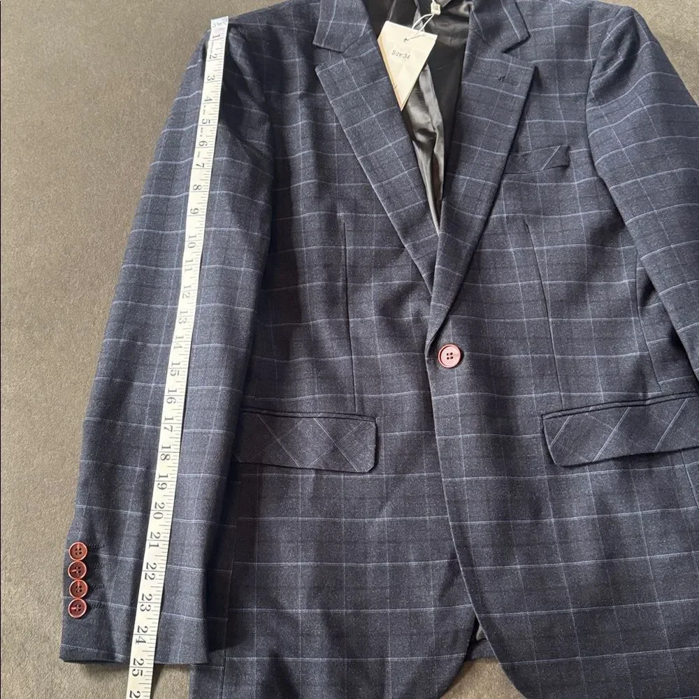 Men’s Dark Blue Plaid 3 Piece Formal Business Suit Jacket 34 Pants 32 NWT